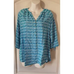 Kaari Blue EUC Small Blue White Geometric Blouse Top
